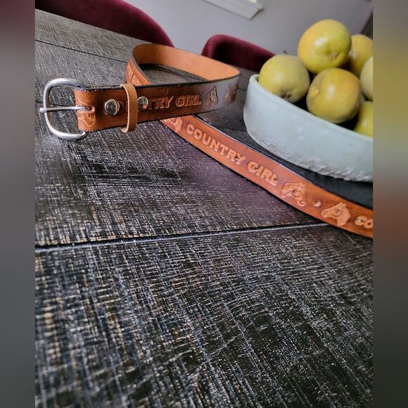 BROWN TAN LEATHER TOOLED Stamped Country Girl "Betty" Horses 50'L - Picture 10 of 13